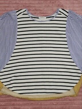 THML Striped Knit Top in White and Black with Blue And White Pinstripe Sleeves